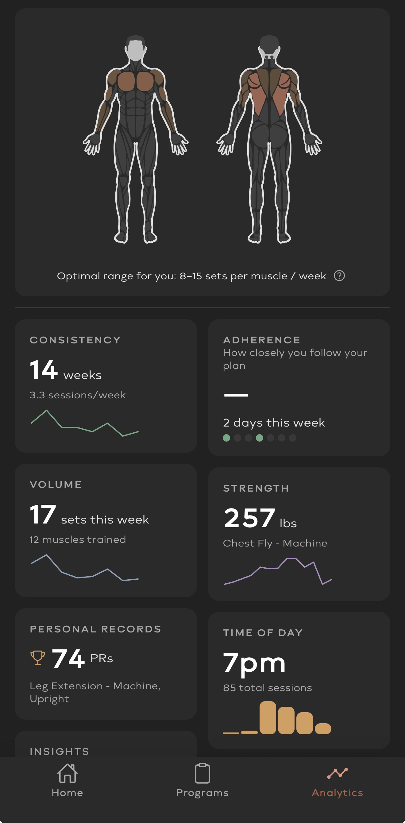 Hollis workout app analytics showing muscle groups, consistency, and training progress